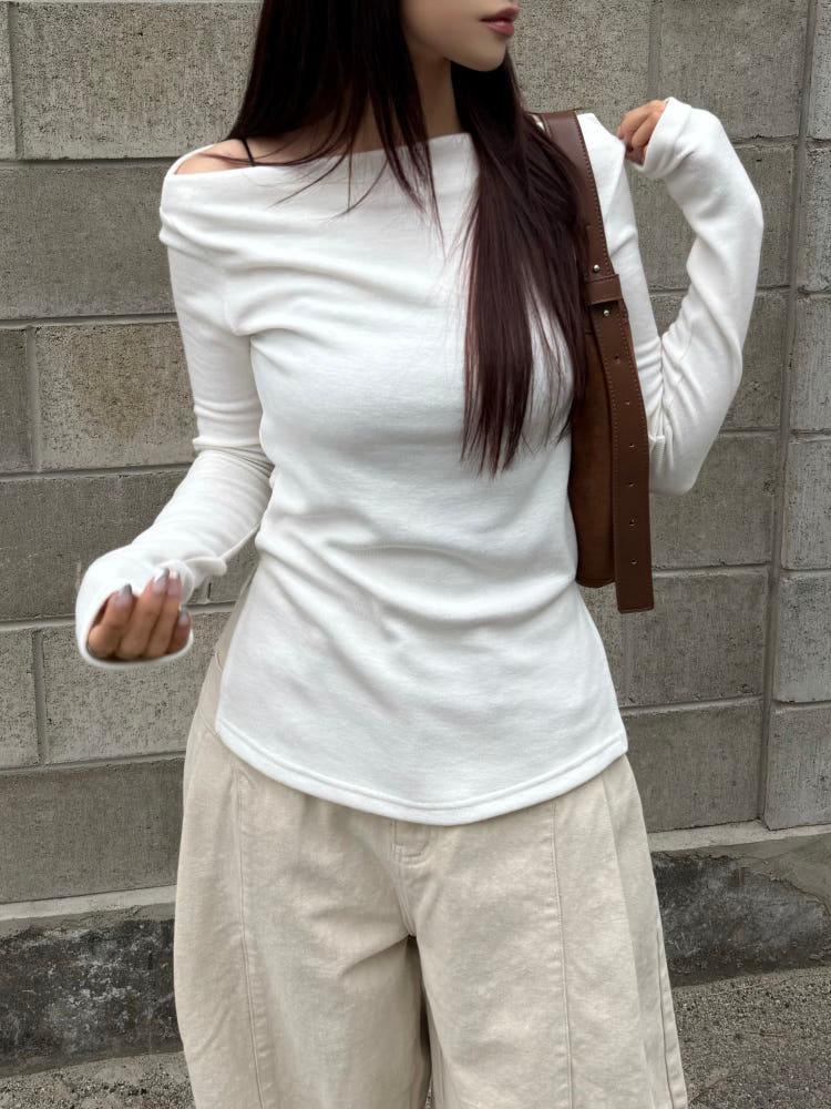 슬릿 보트넥 긴팔 기모 티셔츠