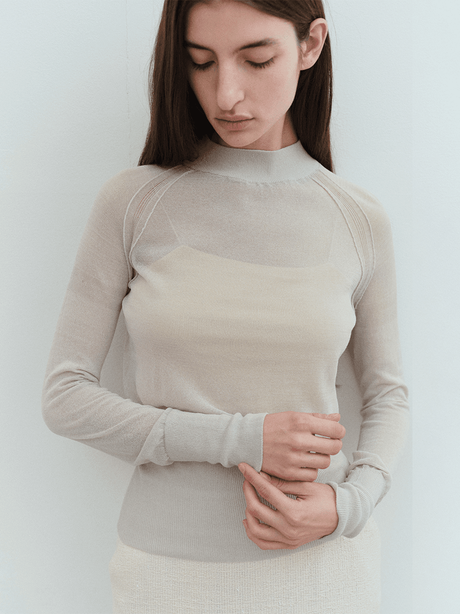 TVS MOCK NECK COTTON SHEER KNIT_MINT GREY