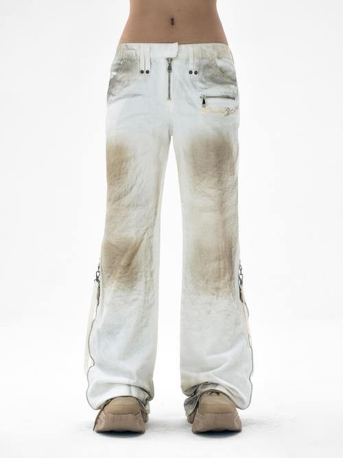 DIRTY WASHED ZIPPER PANTS WHITE