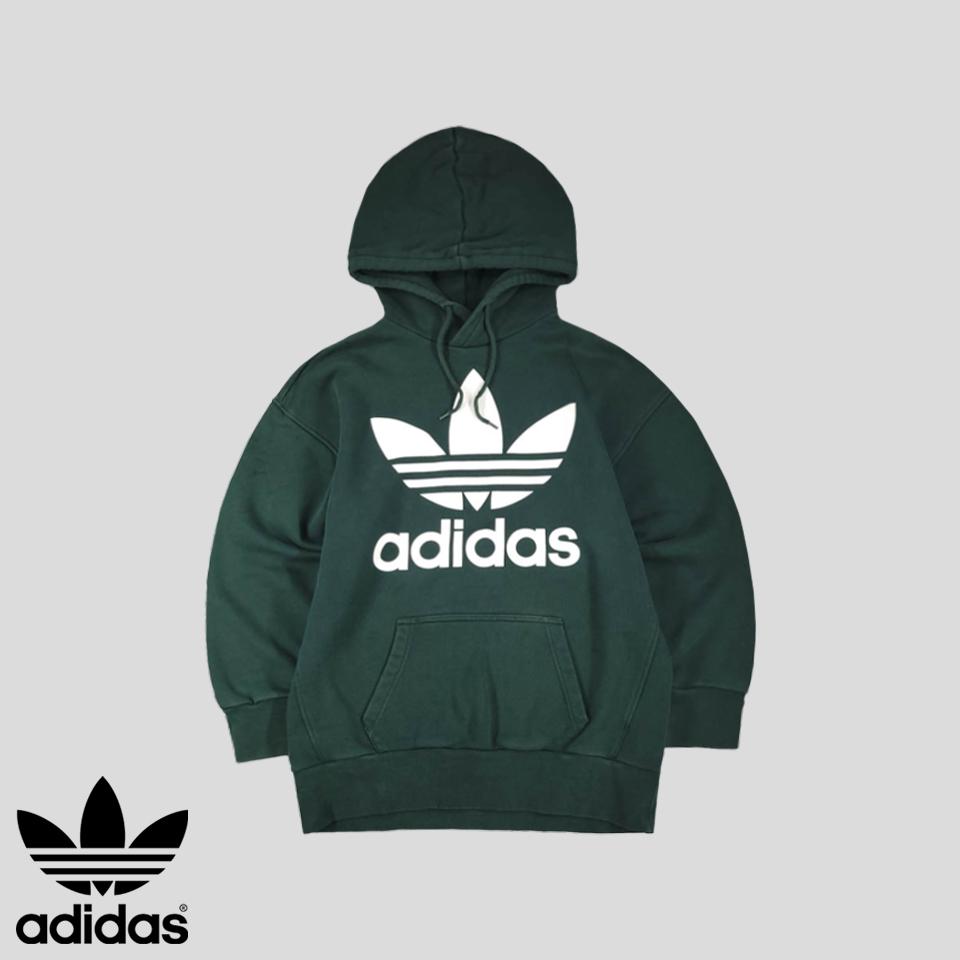 아디다스 피그먼트 그린 화이트 트레포일 빅로고 프린팅 캥거루포켓 코튼 스웻 후드 티셔츠 L