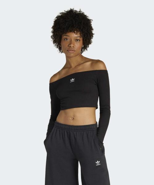 에센셜 리브 오프숄더 롱 슬리브 티셔츠 - 블랙 / KE3150