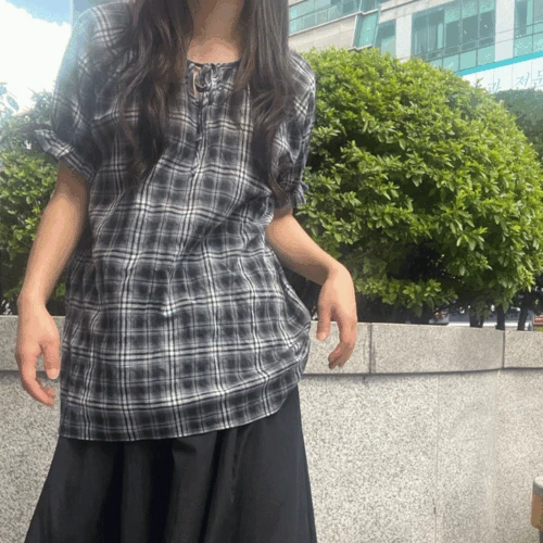 나그랑 소매셔링 체크 와이드 롱 반팔 블라우스