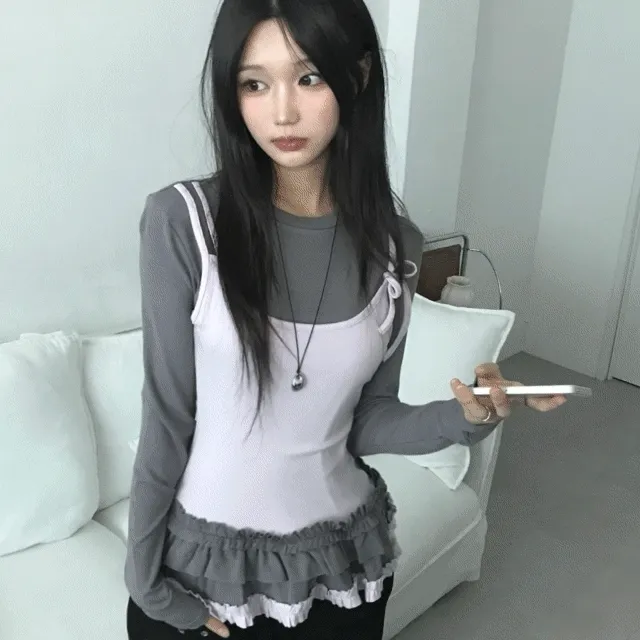 [러블리🎀/레이어드포인트] 드림 프릴 배색 나시 레이어드 티셔츠