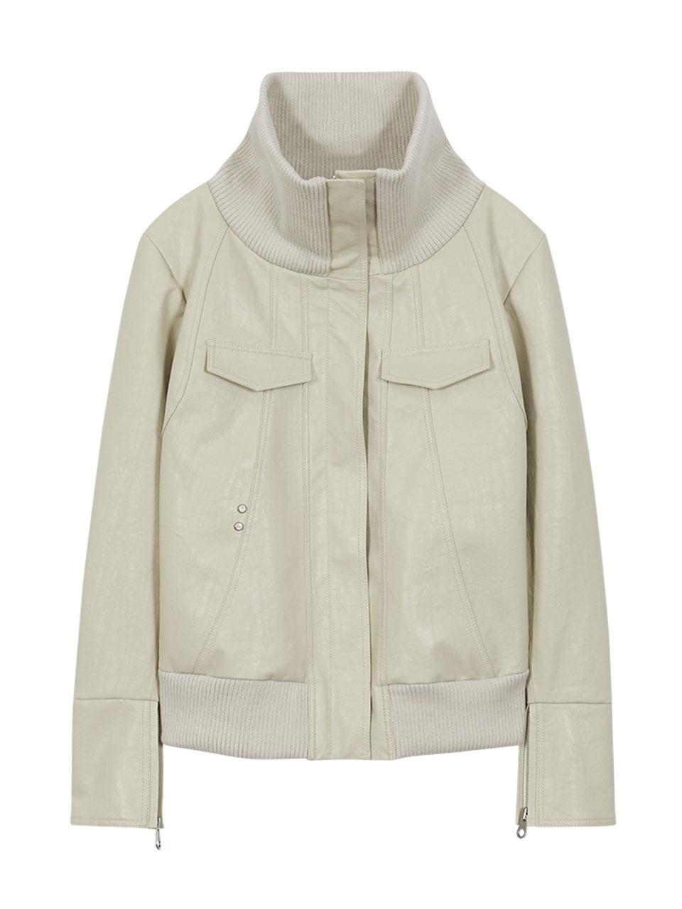 HIGH NECK LINE FAUX LEATHER JACKET_CREAM