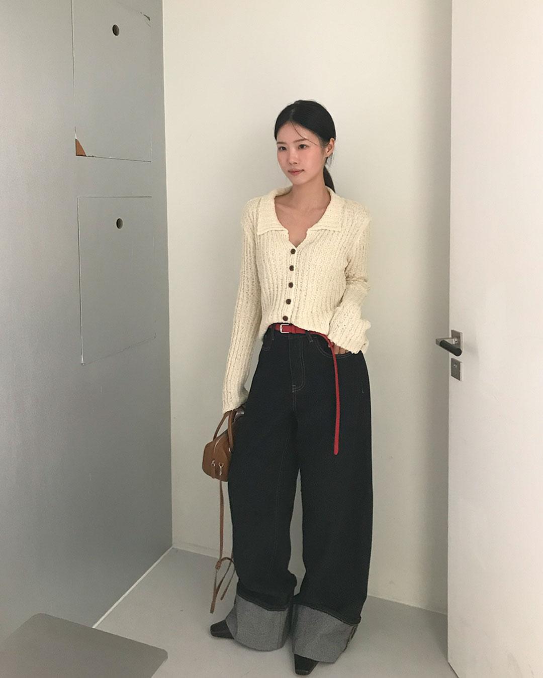 리언스 모리 뒷버클 카브라 생지 데님 (1color) 여성 fw 가을 롤업 배색 와이드 데일리