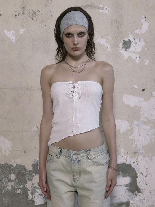 EYELET WAFFLE TUBE TOP, WHITE