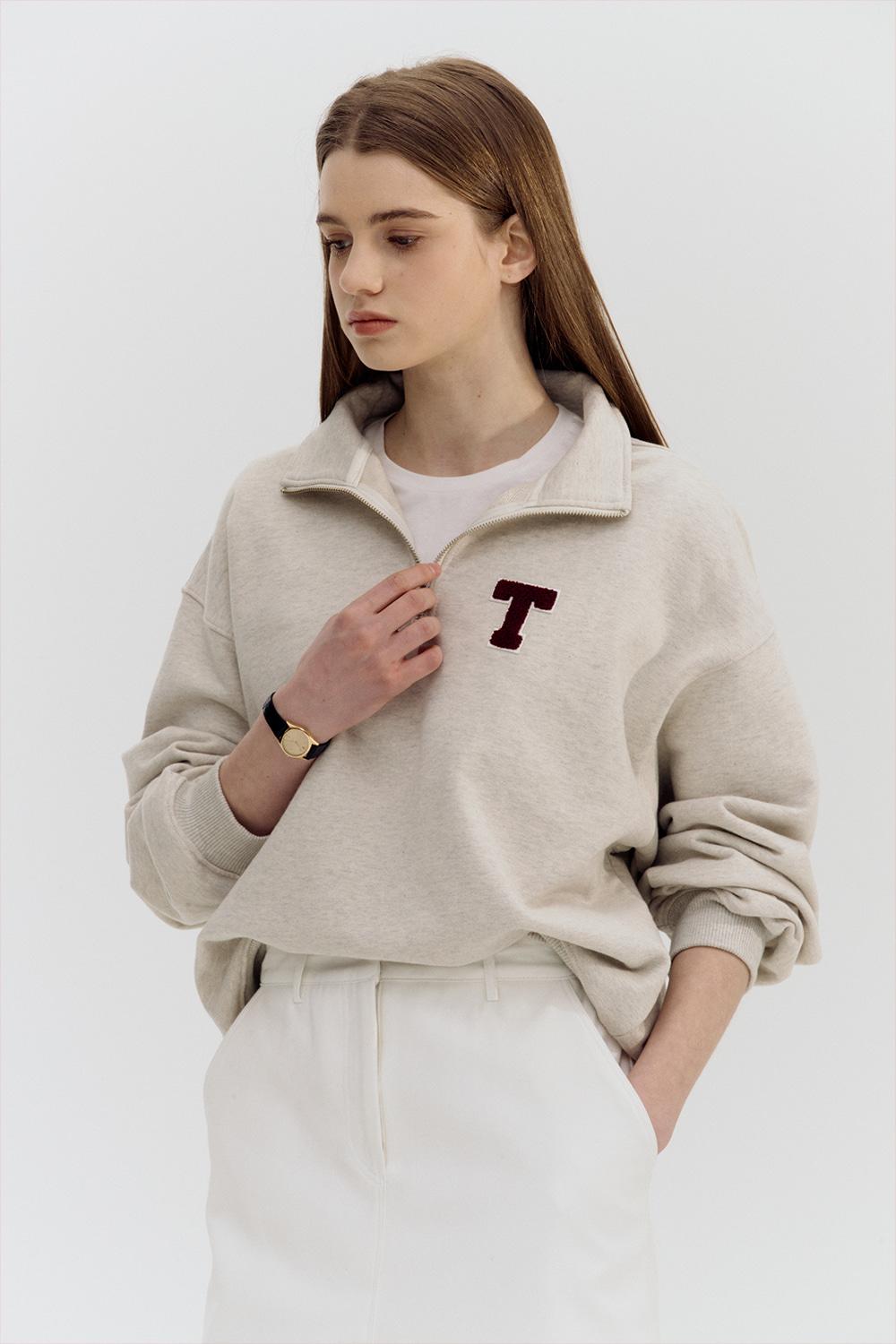 UNISEX BOUCLE LOGO HALF ZIP-UP SWEATER OATMEAL MELANGE