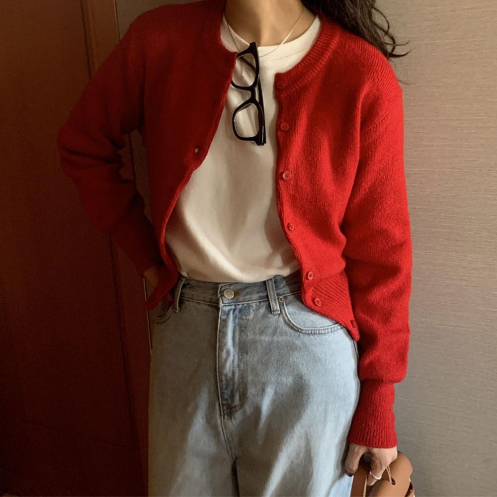 무드프랑 [레드/가을가디건] 하이디 라운드넥 기본 봄 가을 간절기 니트 가디건