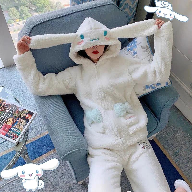 산리오 시나모롤 카와이 애니메이션 만화 봉제 잠옷 세트, 따뜻한 플란넬 잠옷, 두꺼운 홈웨어, 겨울 투피스 세트