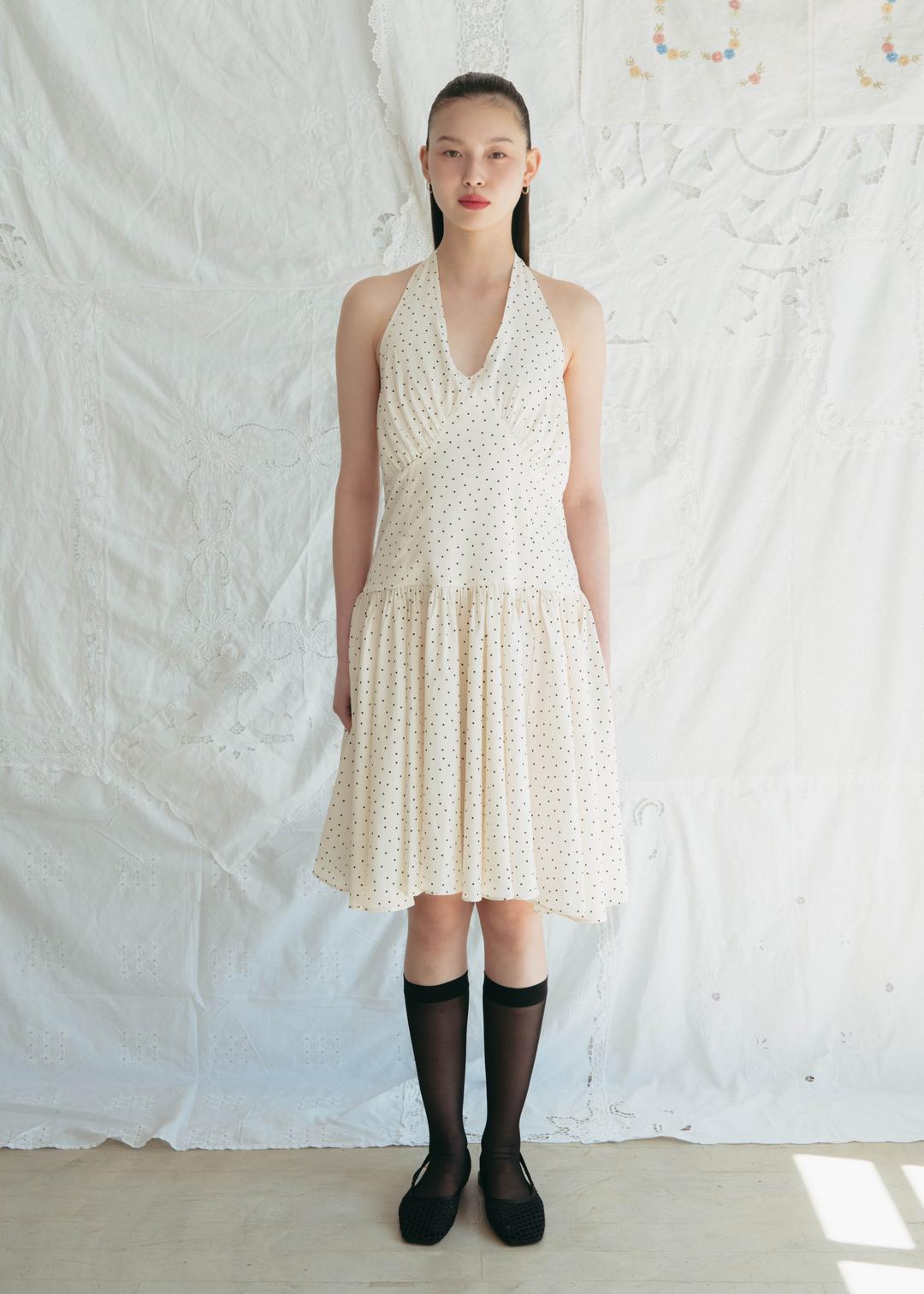 HALTERNECK SHIRRING  DRESS - DOT
