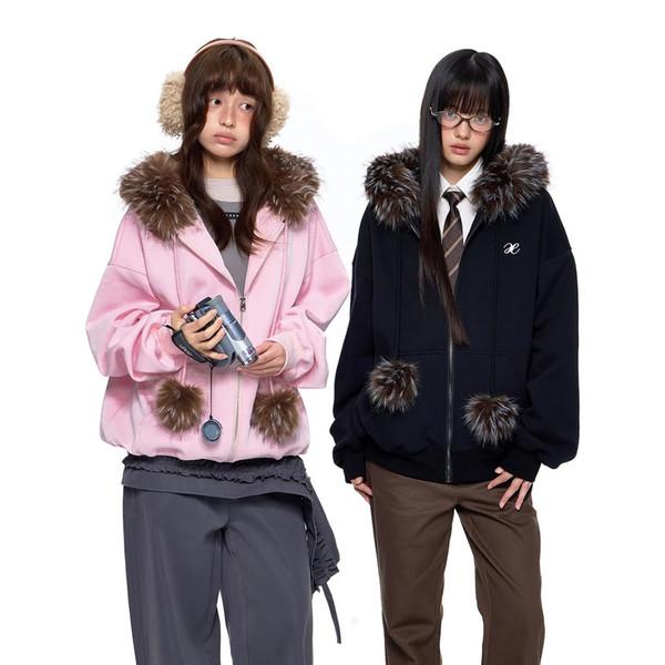 Fur Trim Pom-Pom Zip Hoodie