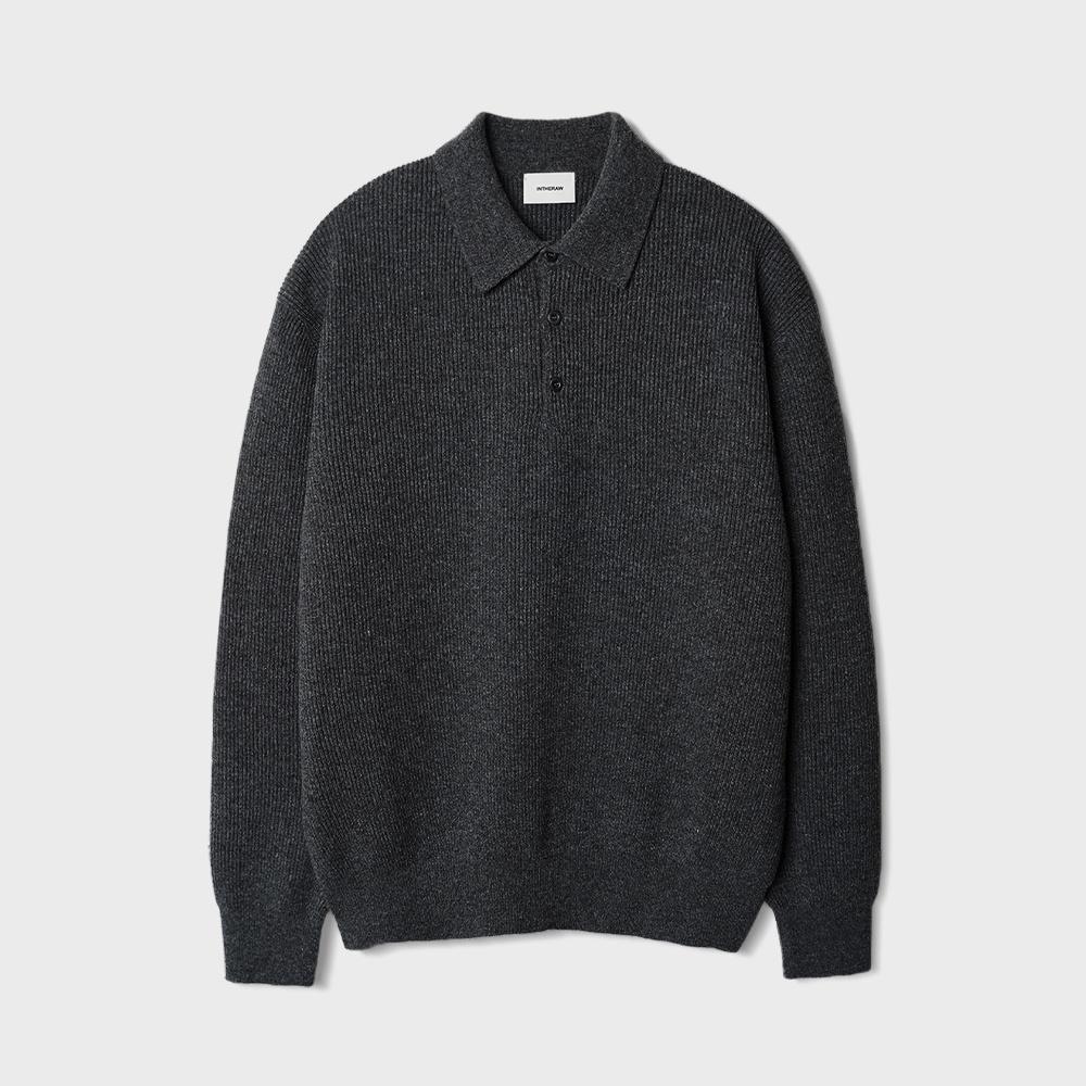 WOOL COTTON RIB KNIT POLO - CARBON GREY