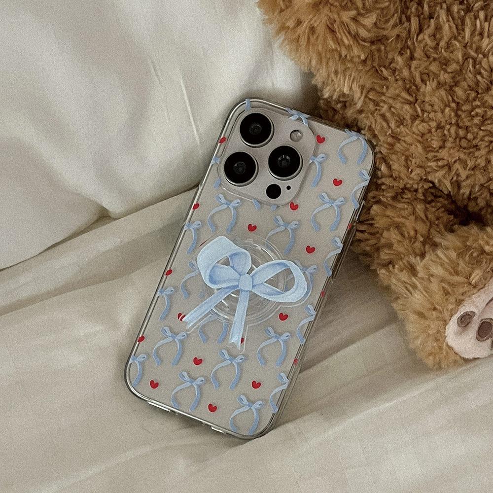 vintage blue ribbon pattern 아이폰 16pro 케이스 클리어 투명 젤리