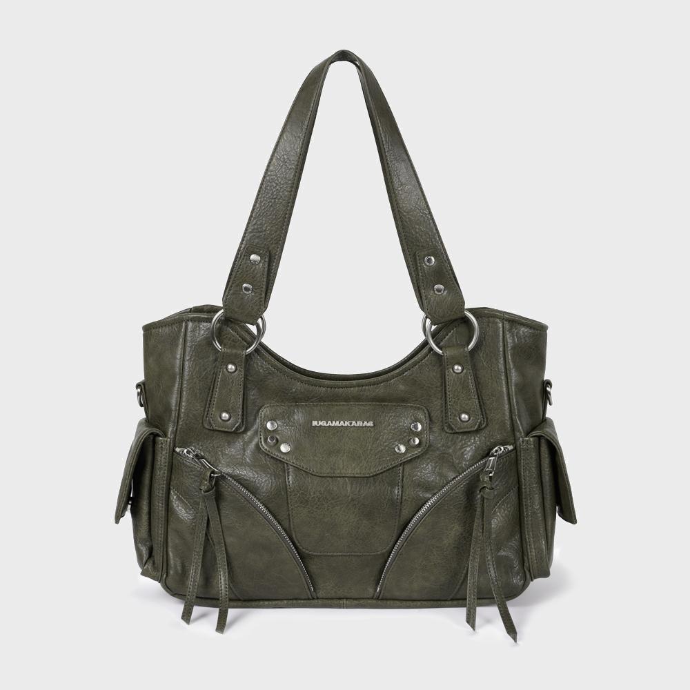 Studded Leather Shoulder Bag (Khaki)