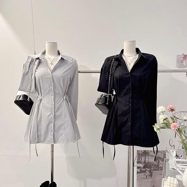 이프유마인 [페미닌!/하객룩!] 봄 말랑 셔츠 카라 버튼 오버핏 슬림핏 벌룬 퍼프 사이드 리본 스트랩 핀턱 절개 A라인 플레어 긴팔 미니 원피스 [3color]