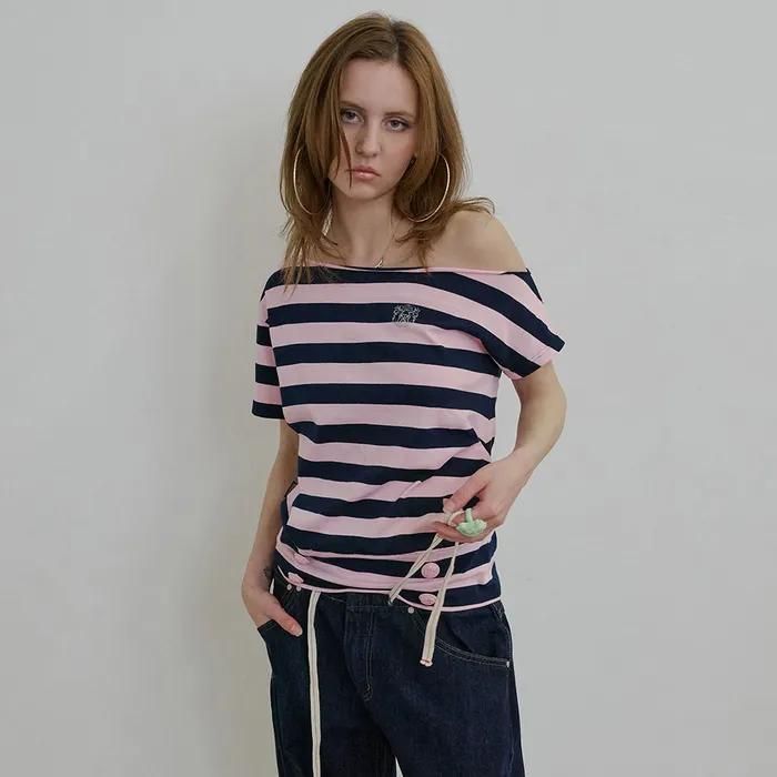 Button Stripe Tee Pink
