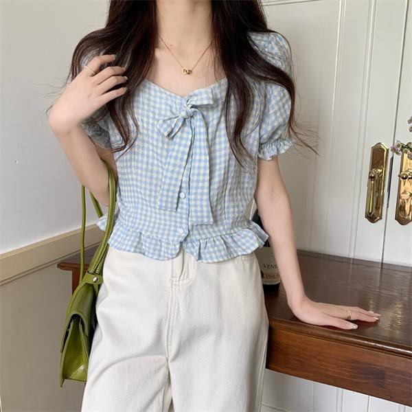 하벨리 체크 스퀘어넥 퍼프 슬리브 리본 여름 블라우스 2G29430