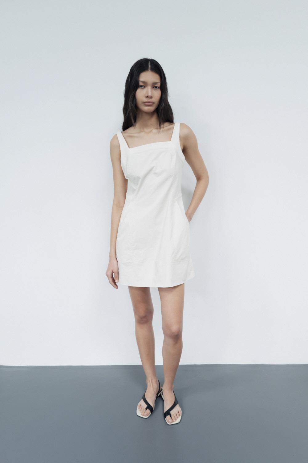 RIBBED BLEND SQUARE-NECK MINI DRESS (CREAM)