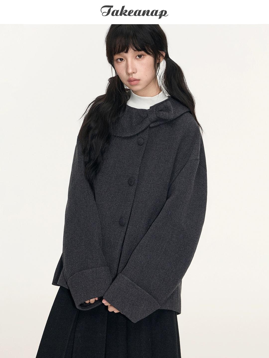 TAKEANAP Ribbon Detail Short Wool Coat