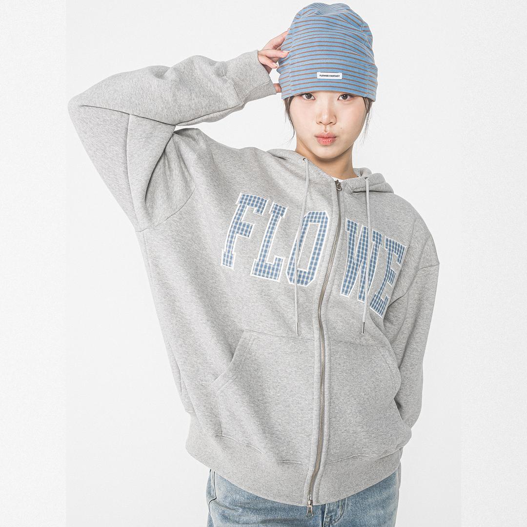 CHECK PATCH FLOWER ZIP UP HOOD(GREY)