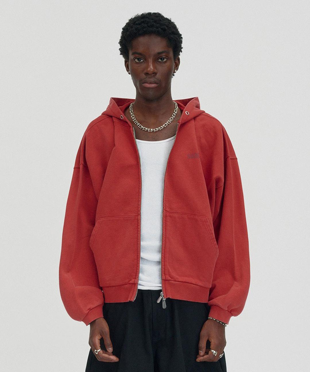 CROPPED WASHED HOOD ZIP UP [RED]