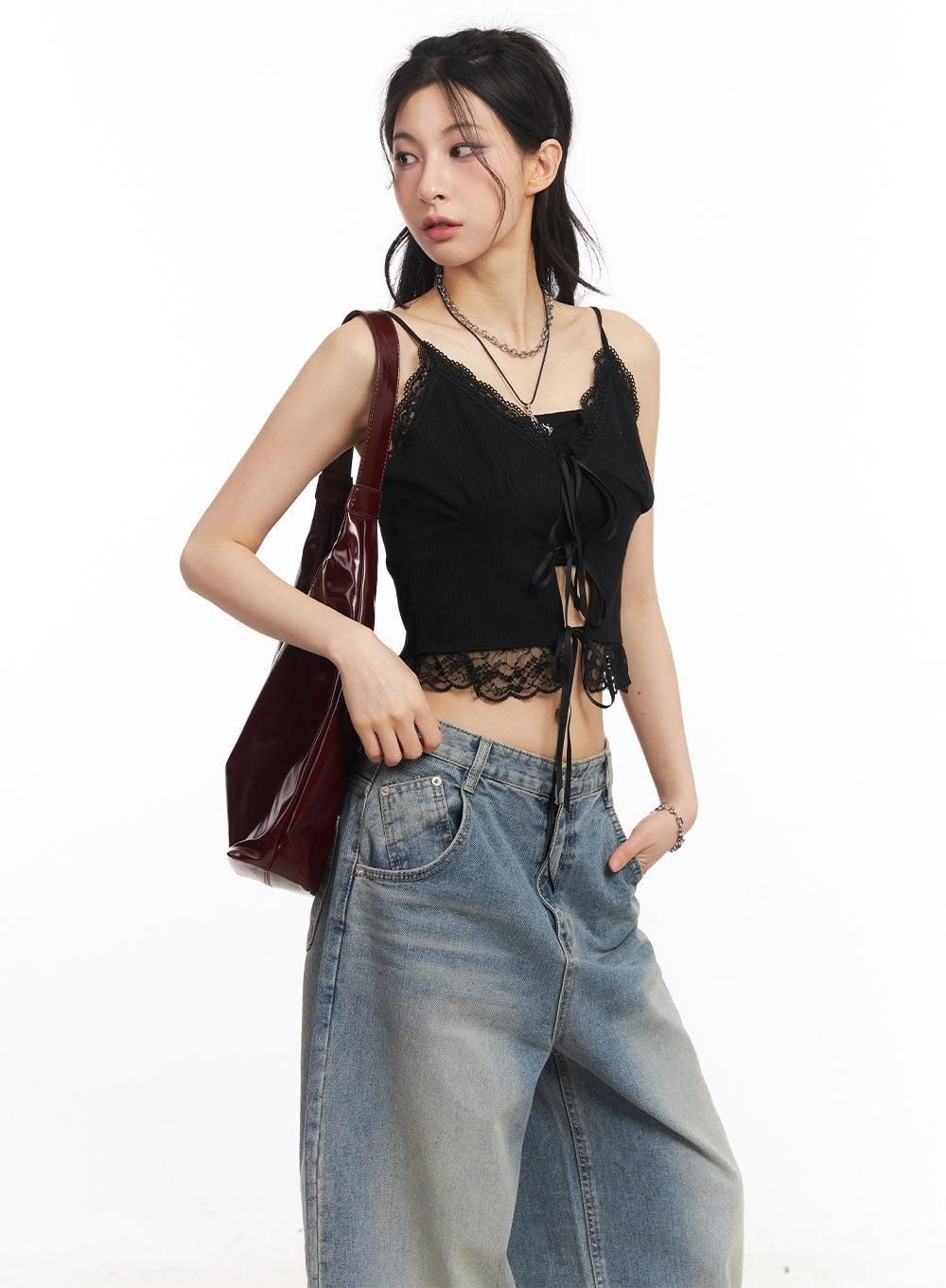 Sweetheart Lace Ribbon Cami Top CA514 - Black / S/M