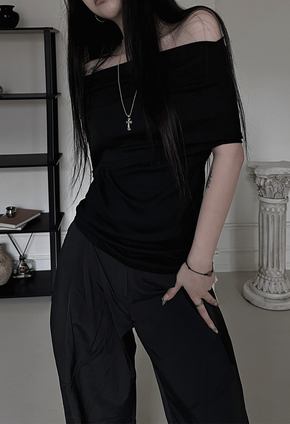 off shoulder shirring short sleeves T