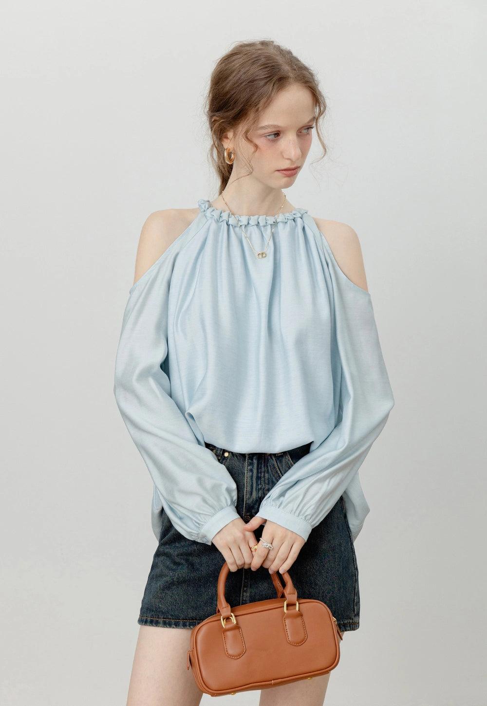 여성용 콜드 숄더 프릴 블라우스