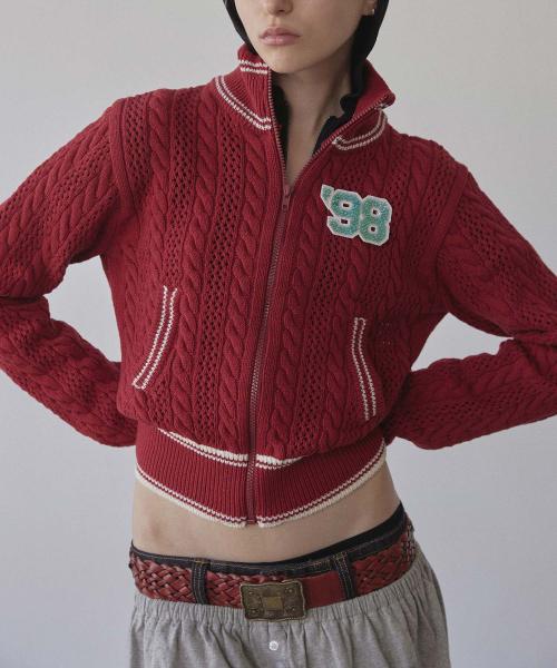 Knitted Cable Track Zip-Up Red/Ivory