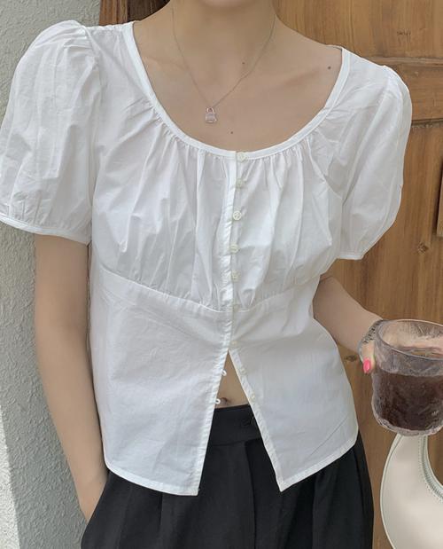 파라다이스키스 [당일발송] 라운드 퍼프소매 반팔 여자 블라우스 여름 반팔 셔츠