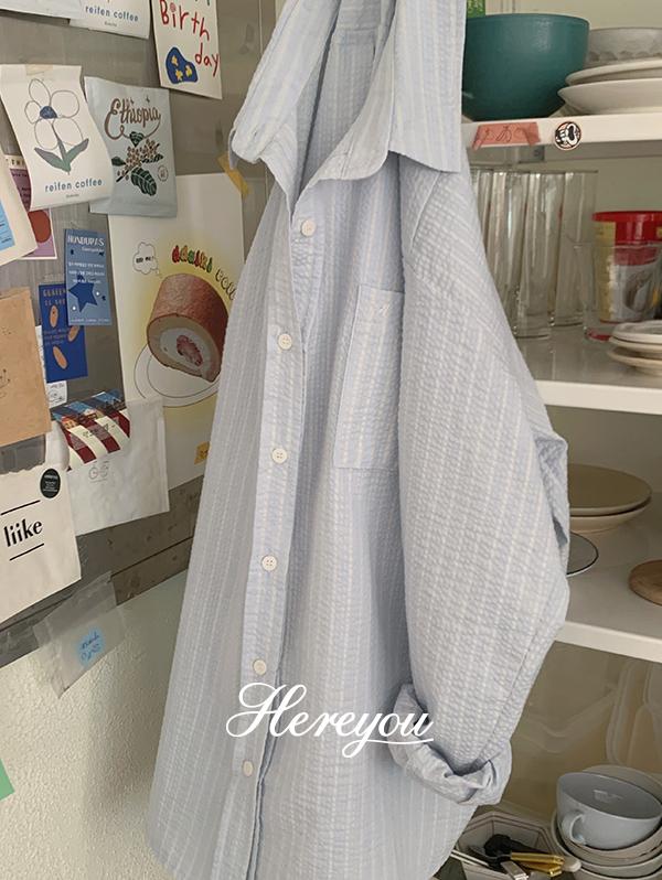 유리에 [here you/시어서커☁] 구름 스트라이프 shirt  (여름셔츠/살안타템/장마룩/자수)