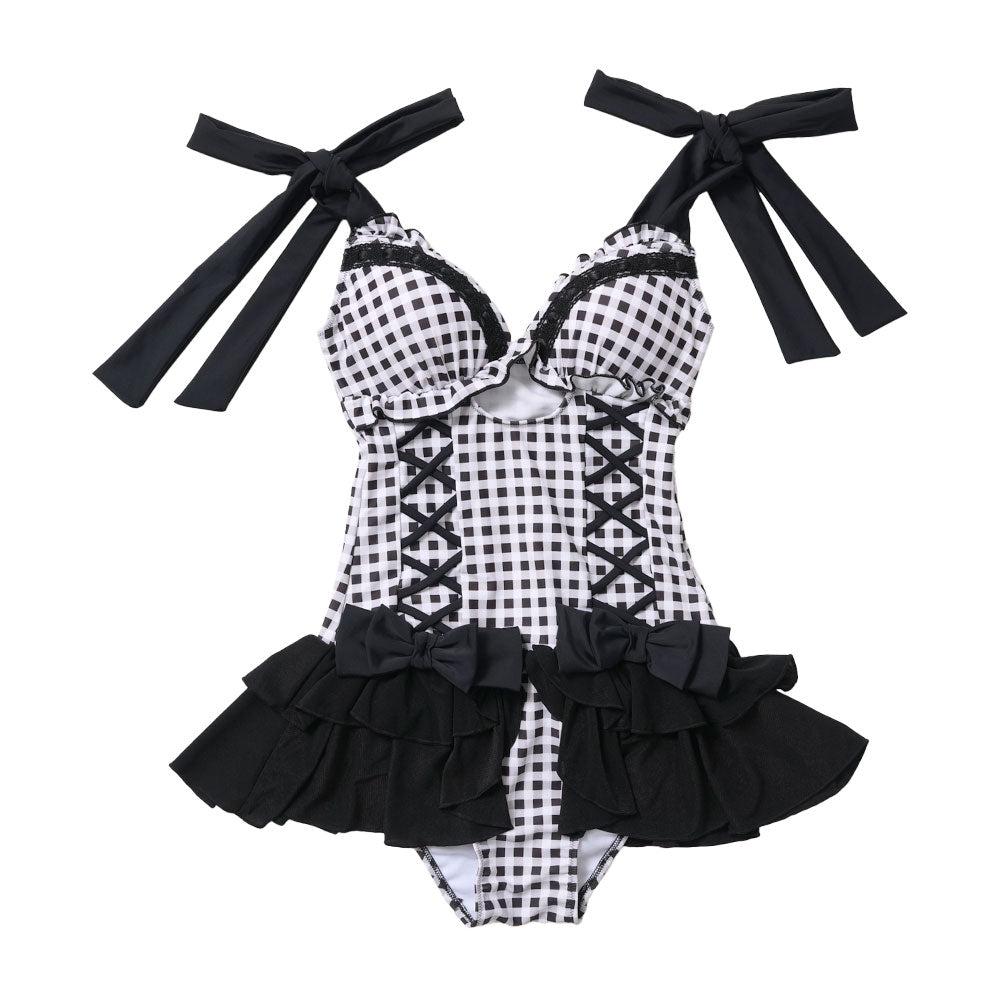 レースアップランジェリー水着 - ギンガムブラック / M