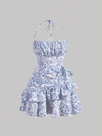 SHEIN MOD Floral Print Ruffle Trim Tie Backless Ruched Bust Layered Halter Summer Short Dress,Summer Dresses For Women,Tea Party Dress,Pastel Dresses For Women