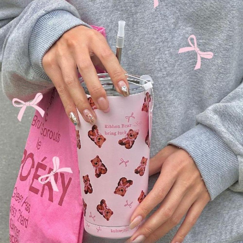 테디베어 텀블러 핑크 리본 스텐 사무실