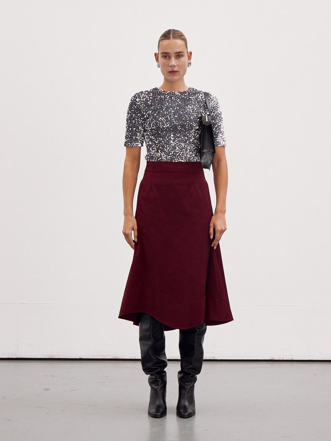 GRASSE TWILL SIGNATURE-LINE FLARED SKIRT (BURGUNDY)