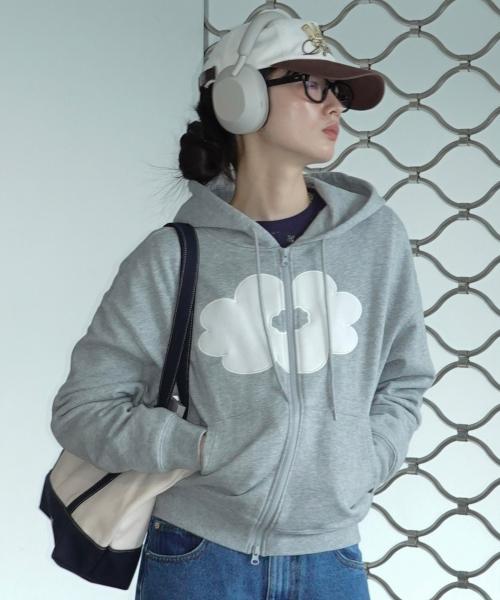 FLORAL CROPPED HOODIE ZIP-UP melange gray