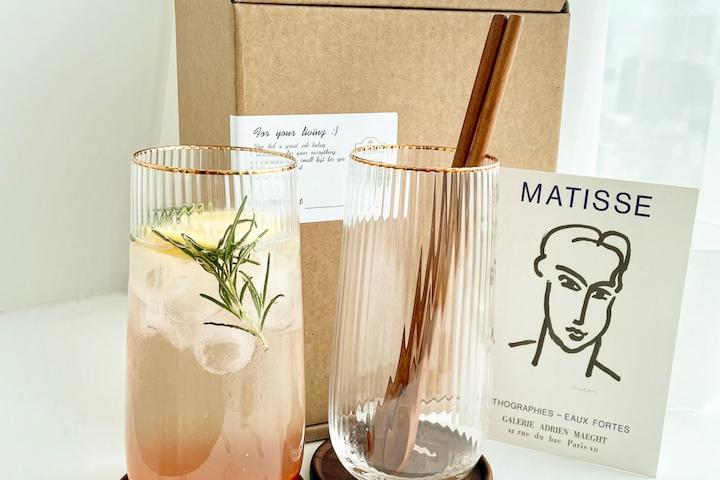 하이볼잔 2인세트 골드라인 플리츠 에이드잔 줄무늬 홈카페 유리컵 (우드코스터 구성)