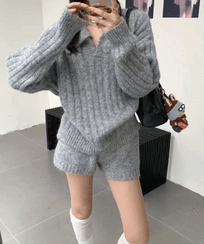 겟야 🍀ZA205 브이넥 카라 니트 반바지 투피스 세트