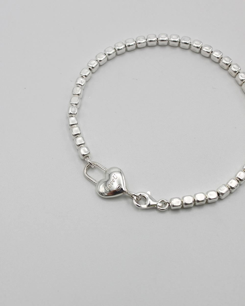 HEART LOCK & CUBE BALL CHAIN BRACELET - SILVER