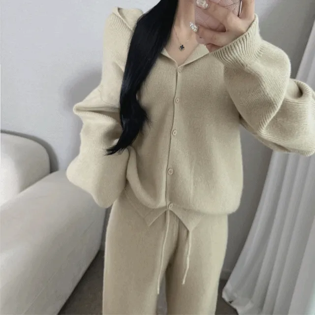 ❤️저렴이X❤️포근 니트 후드 가디건 밴딩 와이드팬츠 투피스