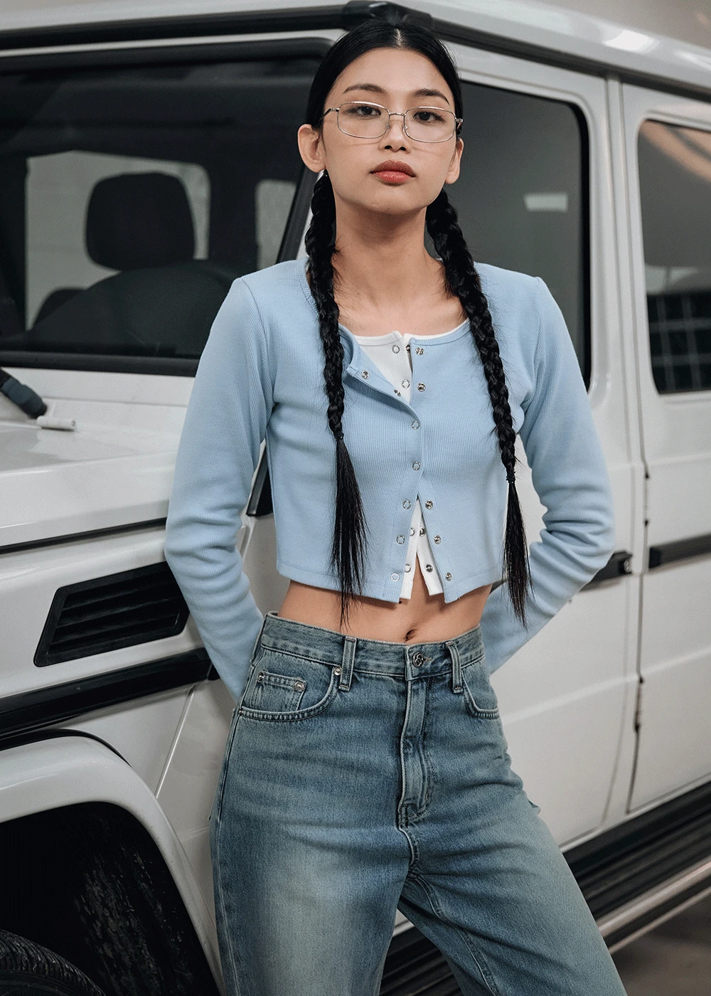 크롭 골지 스냅 가디건