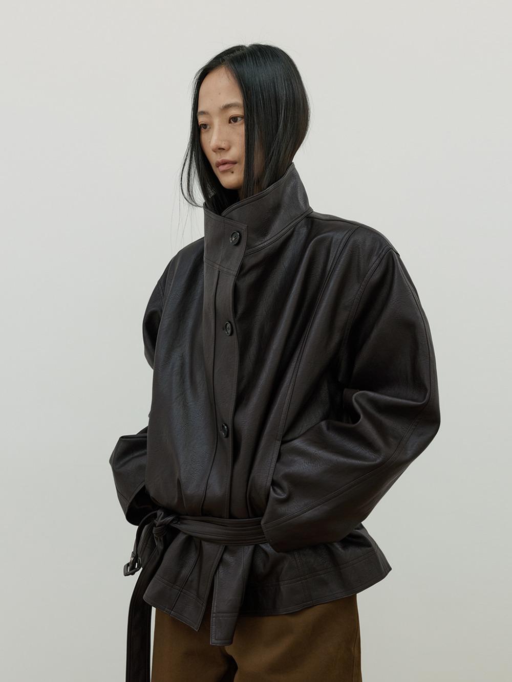 High Neck Belted Leather Jacket (mahogany brown)