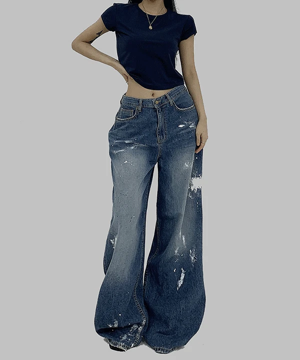 페인트 데일리 유니크 빈티지 데님 오버 와이드 팬츠