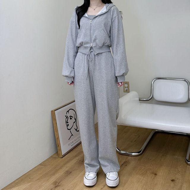 [일자핏 쓰리피스 세트] 크롭 투웨이 후드집업 골지나시 와이드 트레이닝 팬츠 츄리닝 추리닝 크롭후드집업 크롭나시 일자트레이닝 일자와이드 트레이닝팬츠 트레이닝바지 트레이닝세트