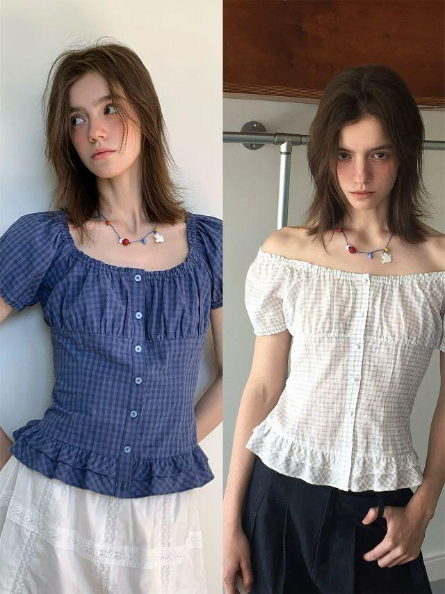 [Letm] Gingham Check Puff Sleeve Blouse