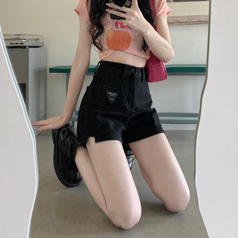[블루/블랙] 데님 청바지 패치 사이드 A라인 하이웨스트 여름 썸머 반바지 20대 30대 데일리 유니크 캐주얼 쇼트 팬츠