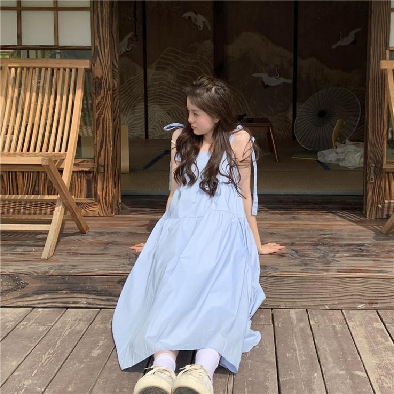 귀여운 나비 리본 끈 민소매 롱 원피스 드레스 여행룩/데이트룩/해변룩