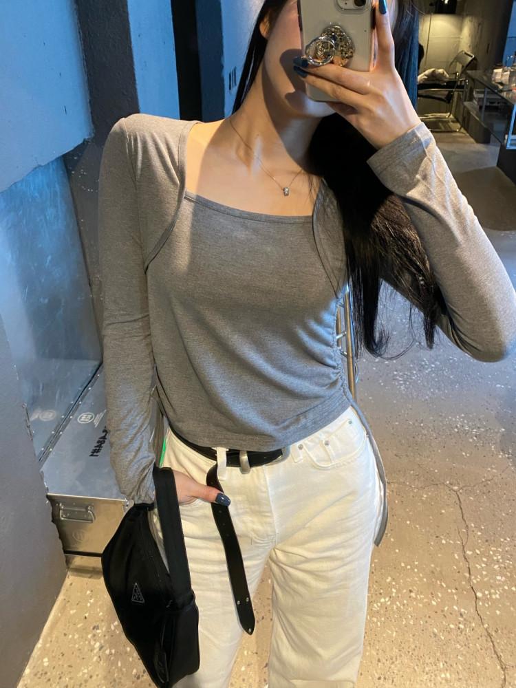 하입 사이드셔링 스퀘어넥 볼레로 스판 티셔츠 (3 color)