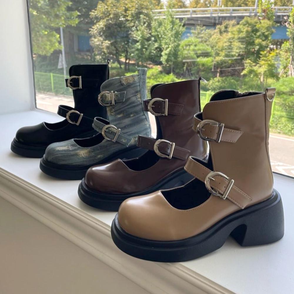 볼드한 둥근코 플랫폼 힙한 y2k 블록코어 코디 레더 청 데님 옆지퍼 버클 스트랩 앵클 워커 부츠