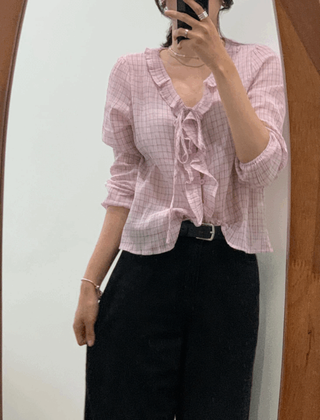테니 체크 브이넥 프릴 bl
